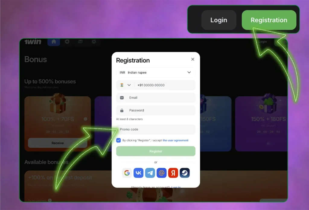 Register and Get a Bonus in 1win India